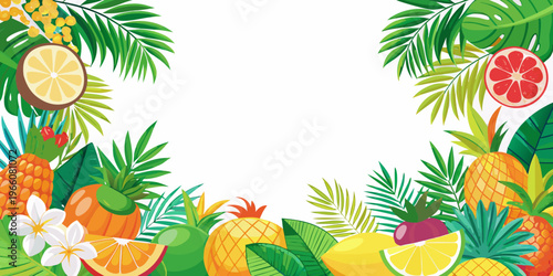 Tropical fruit and palm leaf border banner, vector