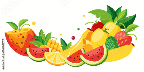 Colorful assortment of fresh organic tropical fruits, vector