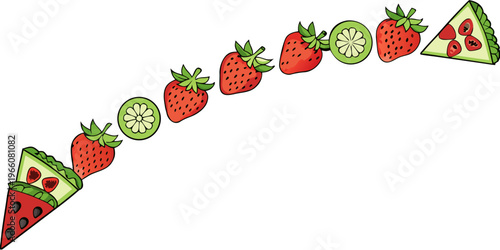 Cartoon fruit arrangement with strawberries and kiwi slices, vector