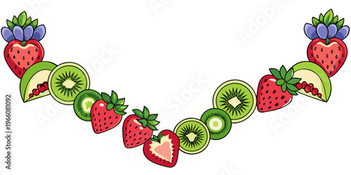 Colorful fruit garland with strawberries and kiwi slices, vector