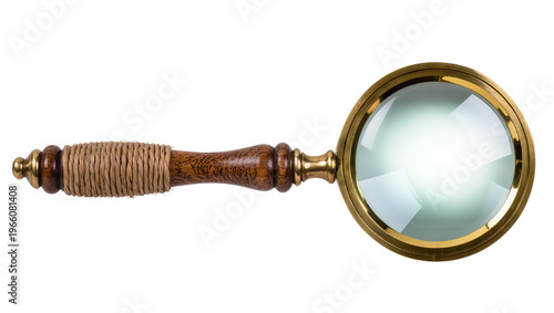 Foto Brass magnifying glass wooden rope handle, isolated on transparent background