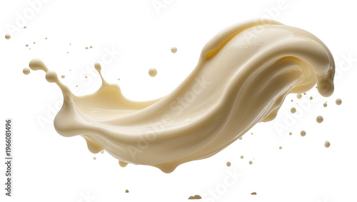 Fotografie Dynamic creamy beige liquid splash with scattered droplets, perfectly isolated o