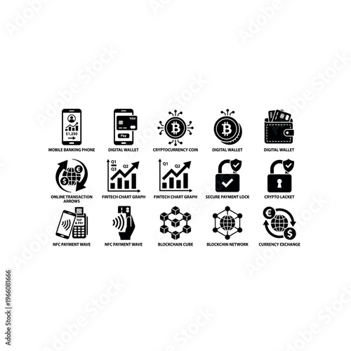 Cryptocurrency and finance icons set.