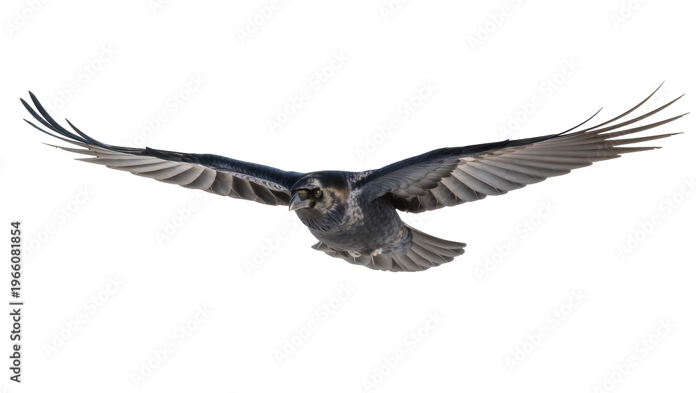 Naklejka premium Dark raven in flight with wide-spread wings, isolated on transparent background