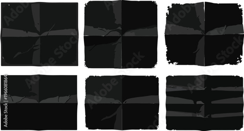 Set of crumpled paper textures with torn and damaged edges, black background abstract elements.