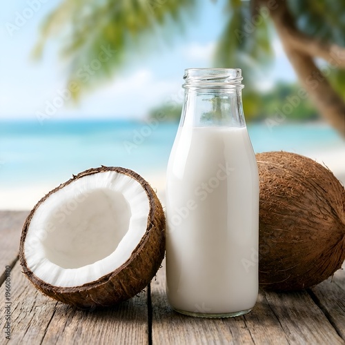 Coconut milk in a glass bottle with a halved coconut and a whole coconut on a wooden table with a tropical beach background