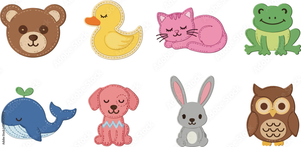 Obraz premium Set of eight cute cartoon stuffed animal toys isolated on transparent background vector illustration.