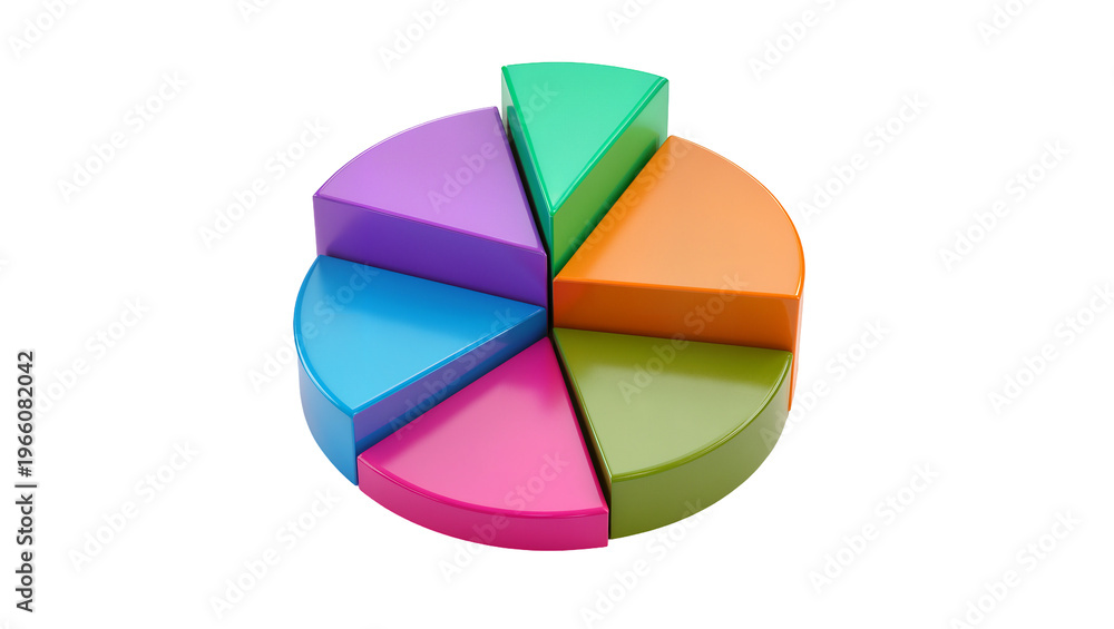 Fototapeta premium Colorful six-part 3D pie chart with one green segment slightly raised, isolated on transparent background
