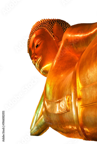 Sacred golden statue of a reclining Buddha (Parinirvana), in a resting position, traditional Thai sacred art with a transparent background for spiritual purposes, well-being, peace and enlightenment.
