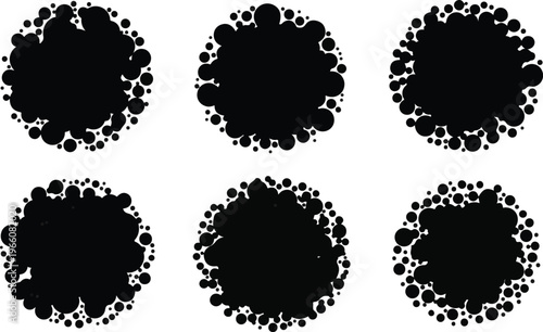 Set of six black abstract organic shapes with small circles border on transparent grid background.