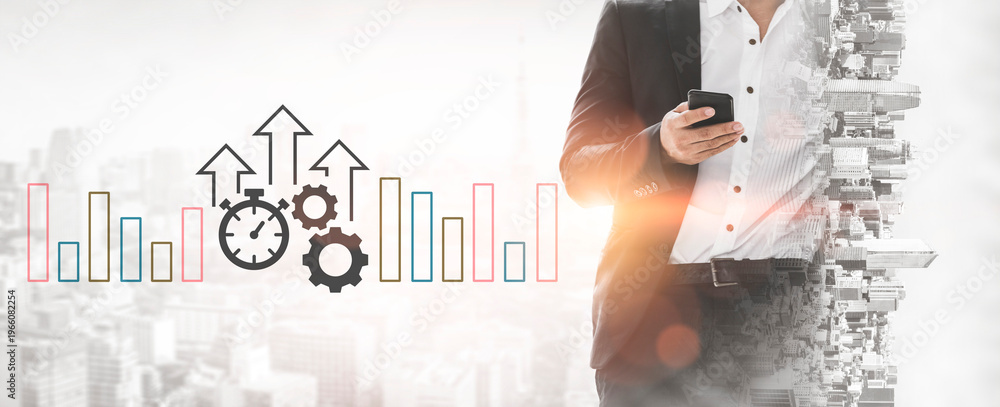 Obraz premium A business professional stands in a modern office, engaging with a smartphone while market growth graphics and a cityscape create a dynamic backdrop, symbolizing strategy and progress. Ledger