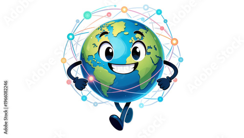 Smiling blue and green Earth globe character running encircled by a vibrant global network of nodes, isolated on transparent background