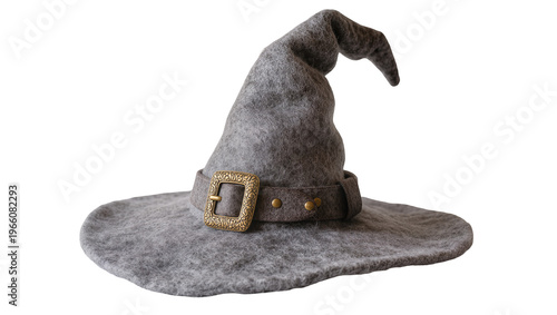 Grey felt witch hat with golden buckle, isolated on transparent background