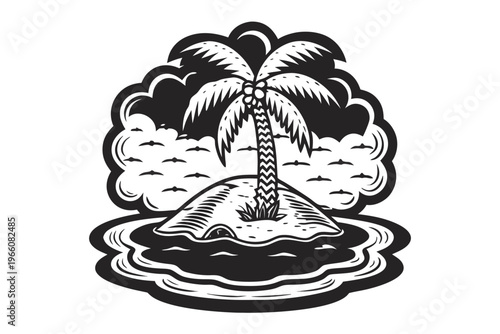 Minimalist Island Silhouette with Lone Palm Tree Graphic for Travel Design