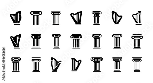 20 Ancient Greek Column and Lyre Icons, Black Vector Symbols, Classical Architecture Elements, Greek Instrument Illustrations