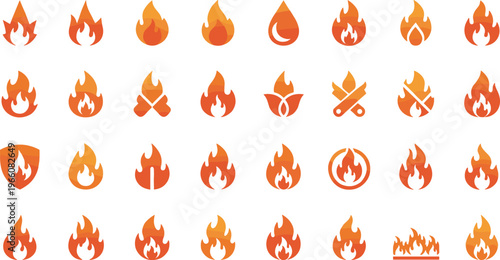 Fire and Flame Icons Set Featuring Flames, Fire Safety, and Extinguishing Symbols for Websites, Apps, and Digital Platforms