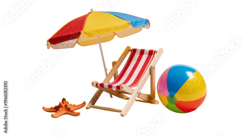 Colorful beach umbrella striped wooden deck chair inflatable ball and orange starfish, isolated on transparent background