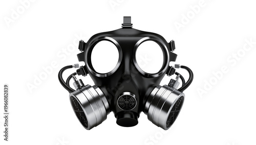 Black gas mask with dual filters, isolated on transparent background for protection