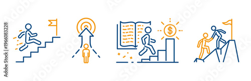 person development icons, reach the target, ladder career promotion, education human for capital, business mentoring, career development outline icon set, editable vector symbols