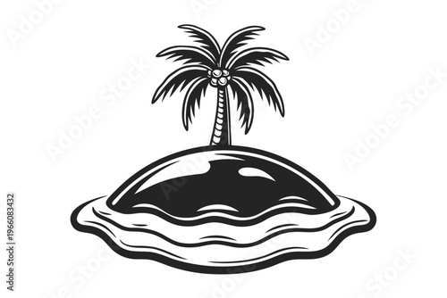 Minimalist Black and White Silhouette of a Tropical Island with a Single Palm Tree