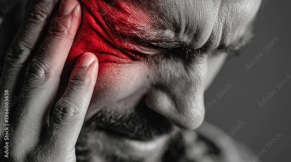 Naklejka premium Headache, man and massage temple with pain for dizziness, tired or stress on moving day. Red overlay, fatigue and male person with migraine for brain fog, health emergency or burnout in home