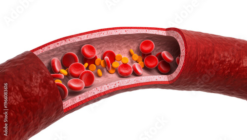 Fotografie Red vessel cutaway red cells and yellow particles flowing inside, isolated on tr