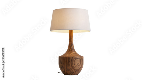 Warm wooden table lamp with light shade, isolated on transparent background