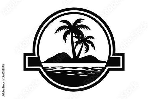 Black and White Vector Silhouette of a Small Tropical Island Getaway