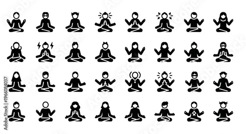 Yoga, meditation icons, 30 black silhouette symbols, vector graphics, wellness, fitness illustrations
