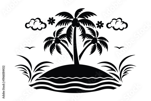 Tropical Island and Sea Horizon Silhouette Vector Illustration