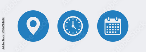Date time location icon set, calendar and clock symbols, business scheduling icons, office time tracking concept, location pin markers, clean flat design elements for mobile apps, web interfaces, and 