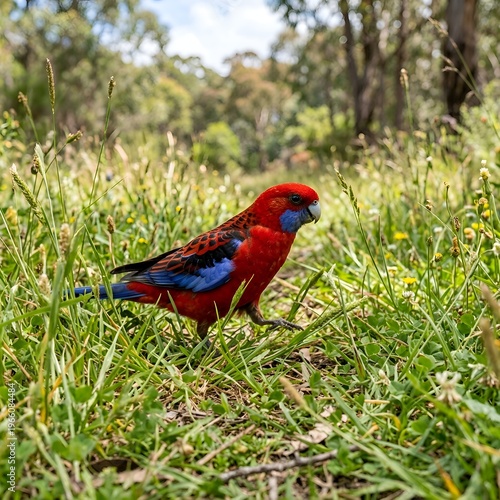 Vibrant Red and Blue Rosella Parrot Standing in Lush Green Grass with Wildflowers on Sunny Day