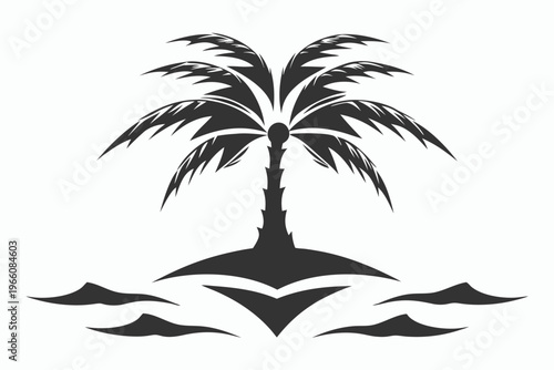 Vector illustration of a black and white tropical island silhouette with a lone palm