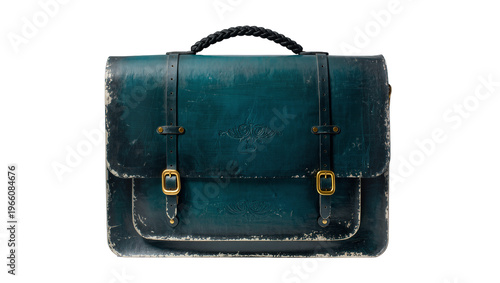 Photos Distressed dark teal leather satchel, isolated on transparent background