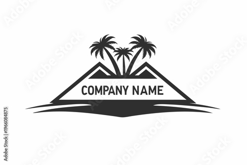 Clean black and white silhouette design of a tropical island with a single palm