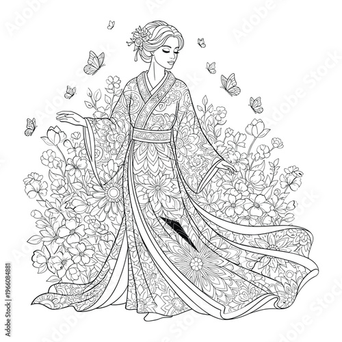 A 19th century woman in a large hoop skirt and elaborate dress isolated on white background, Vector