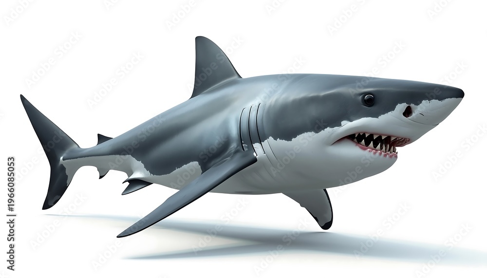 Fototapeta premium A formidable great white shark swimming powerfully, showcasing its impressive size and sharp teeth.