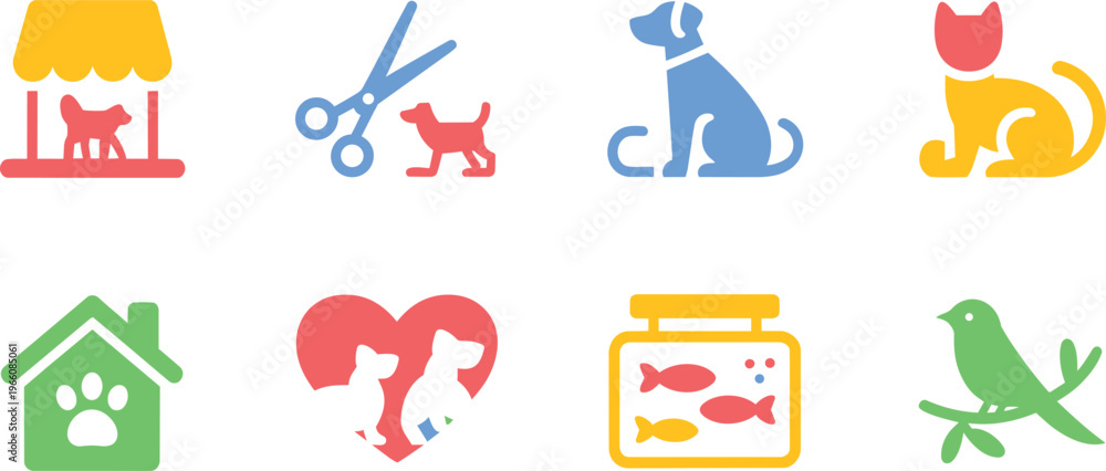 Fototapeta premium Collection of cute pet care and animal icons including a house, fishbowl, bird, dog, and cat