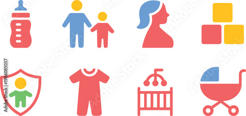 Collection of colorful flat vector icons representing baby care and family, including bottle, family, pre