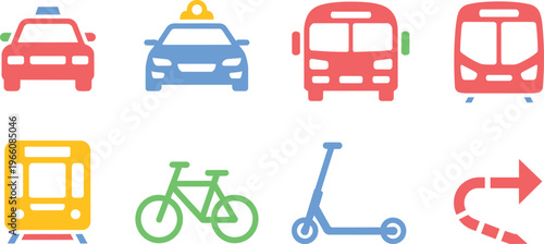 Collection of colorful transportation icons including cars, buses, train, bicycle, scooter, and a turn ar
