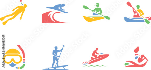 Collection of colorful vector illustrations of extreme water sports and activities