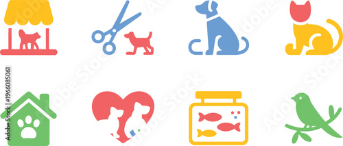 Collection of cute pet care and animal icons including a house, fishbowl, bird, dog, and cat