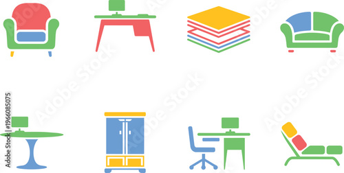 Collection of colorful isometric furniture icons and home office equipment in a flat design style.