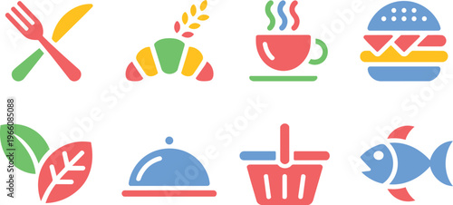 Collection of food and drink icons including cutlery, croissant, coffee cup, hamburger, leaves, covered d