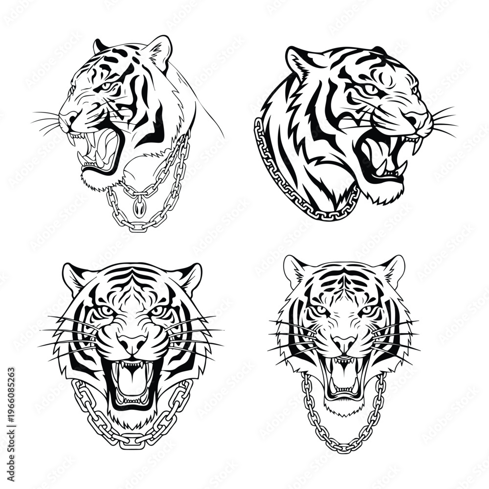 Fototapeta premium Set of tiger heads with chains, black and white vector illustrations