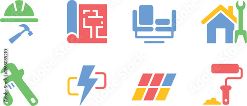 Construction and Renovation Icons Set: Hard Hat, Hammer, Blueprint, Furniture, House, Tools, Energy, Mate