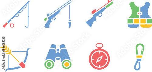 Detailed Hunting and Outdoor Adventure Icon Set Rifle Bow Binoculars Compass Tactical Gear Design Vector