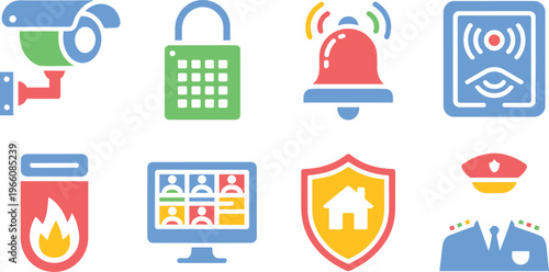 Home Security and Surveillance System Vector Icon Set with CCTV Camera Digital Lock Alarm and Safety Shie