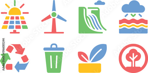 Set of Colorful Eco Friendly Icons for Renewable Energy Sustainability Recycling and Green Technology UI