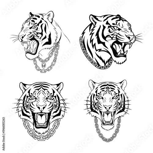 Set of tiger heads with chains, black and white vector illustrations